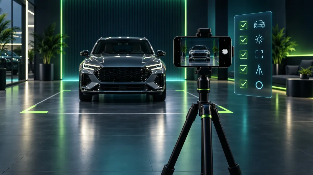 Collaborateur suivant une checklist de prise de vue automobile en concession